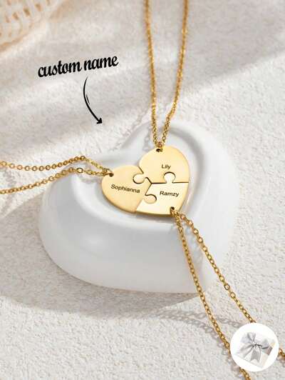 Personalized ,Engraved Name Heart Pendant Puzzle Necklace, Stainless Steel Necklace(MJ118)