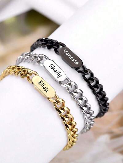 Custom Name Bracelets For Men And Women Classic Stainless Steel Square Thick Chain Bracelet Customized Engraved Names (MJ113)