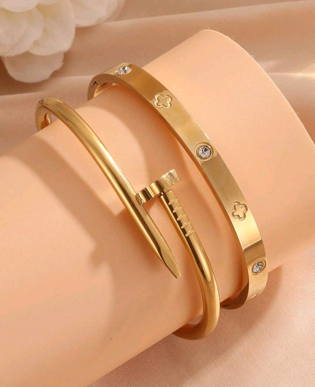 2pcs Stainless Steel Nail & 4-Leaf Clover Bracelet Matching Set