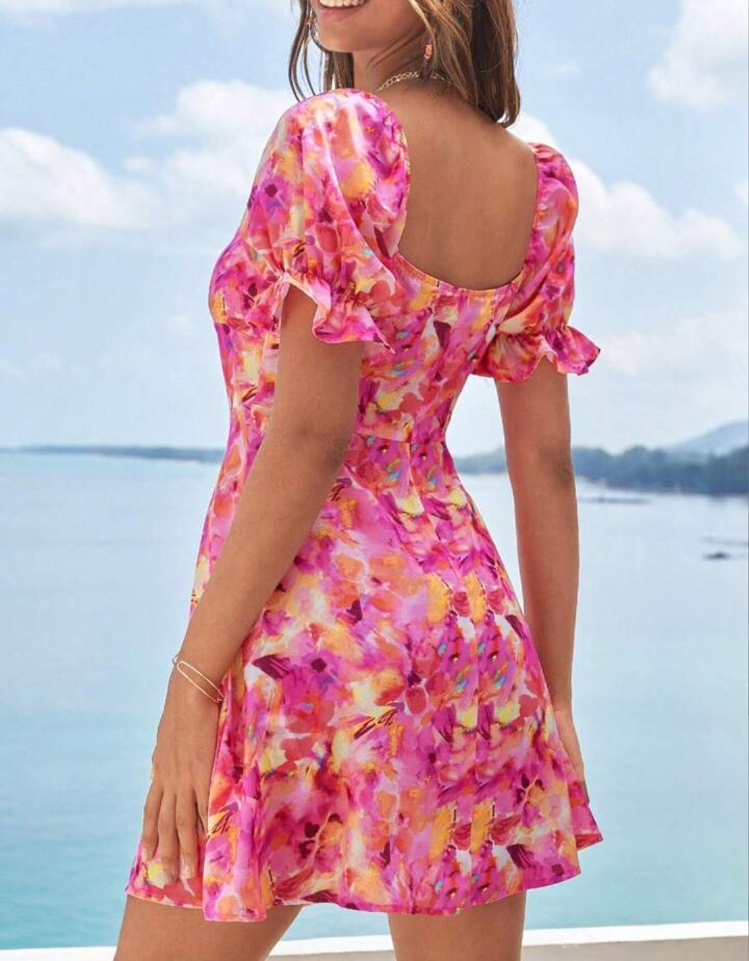 Allover Floral Print Drawstring Front Puff Sleeve Dress