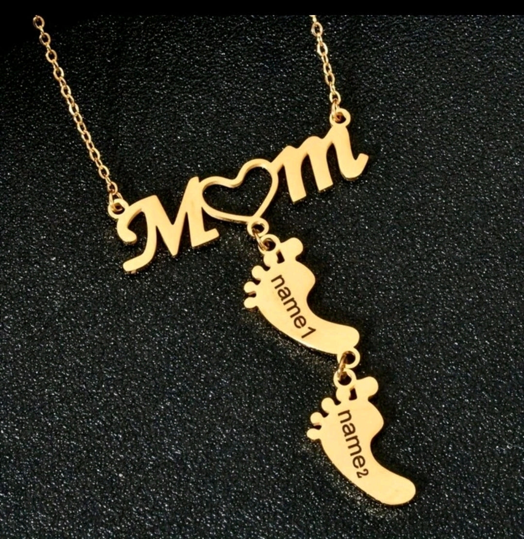 MOM - Footprint 1-4 names Necklace ,18k Gold-Plated Stainless Steel.[MJ006]