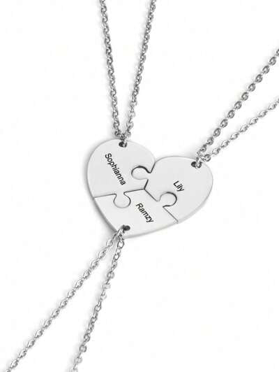 Personalized ,Engraved Name Heart Pendant Puzzle Necklace, Stainless Steel Necklace(MJ118)