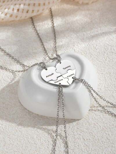 Personalized ,Engraved Name Heart Pendant Puzzle Necklace, Stainless Steel Necklace(MJ118)