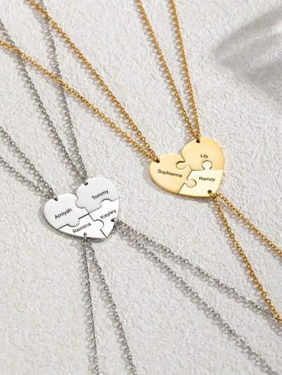 Personalized ,Engraved Name Heart Pendant Puzzle Necklace, Stainless Steel Necklace(MJ118)