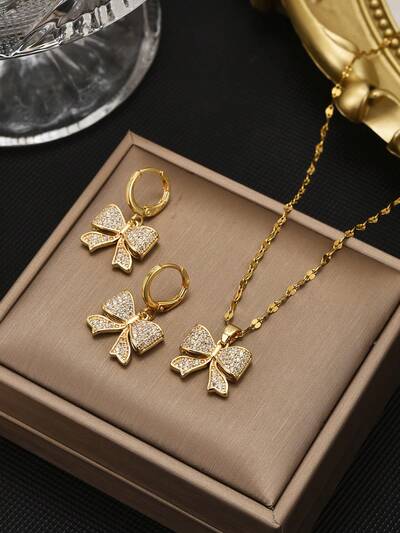 Rhinestone bow Stainless Steel necklace  & earring set