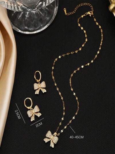 Rhinestone bow Stainless Steel necklace  & earring set