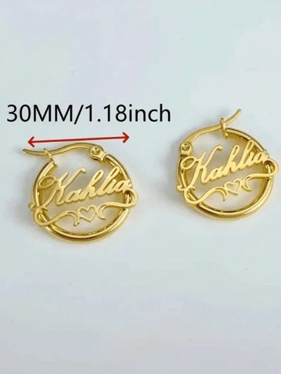 Personalized Heart-swooshes,hoop, Name Earrings, Stainless Steel (MJ102)