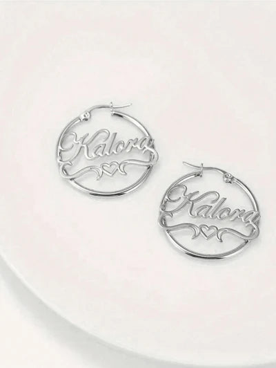 Personalized Heart-swooshes,hoop, Name Earrings, Stainless Steel (MJ102)