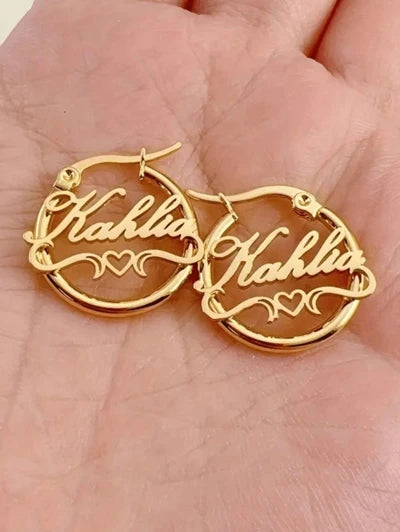 Personalized Heart-swooshes,hoop, Name Earrings, Stainless Steel (MJ102)