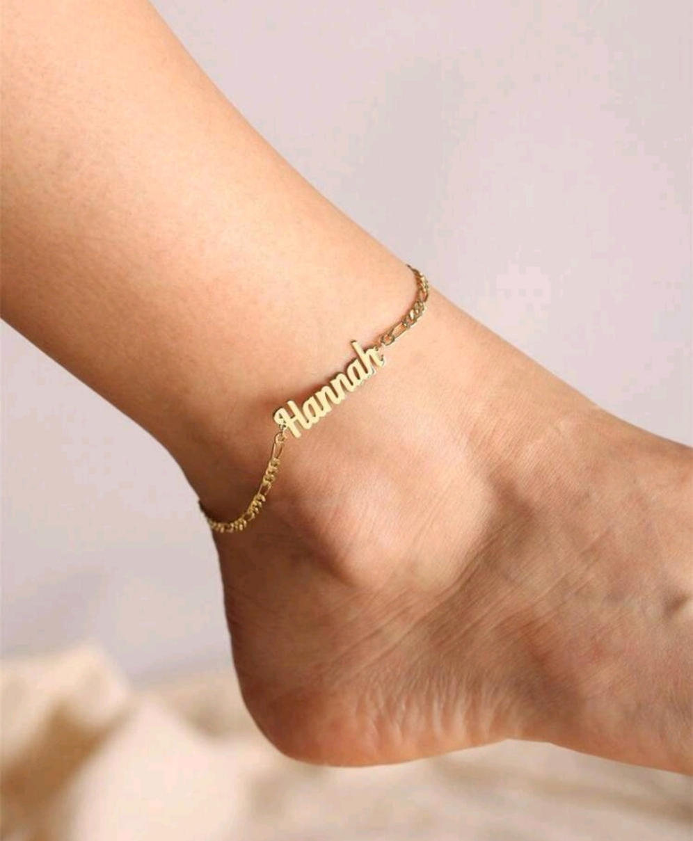Personalized Name anklet ,Figaro chain link. 18k Gold-Plated Stainless Steel.[MJ031]