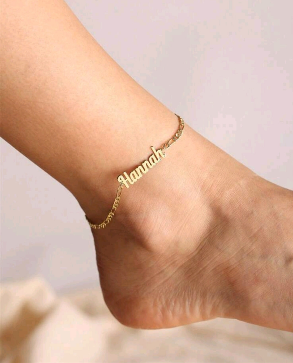 Personalized Name anklet ,Figaro chain link. 18k Gold-Plated Stainless Steel.[MJ031]