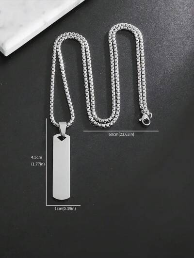 Simple Stainless Steel Glossy Engraved Rectangular Pendant Necklace (MJ112)