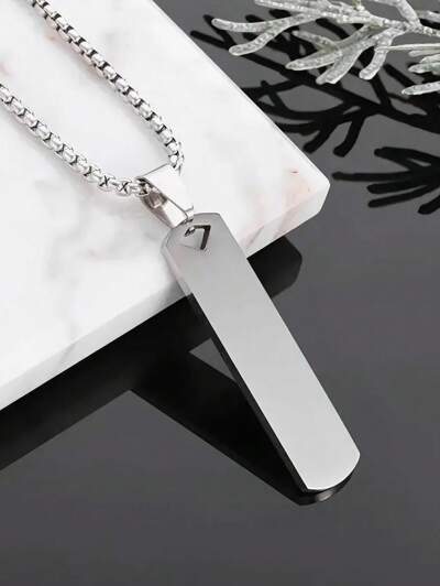 Simple Stainless Steel Glossy Engraved Rectangular Pendant Necklace (MJ112)