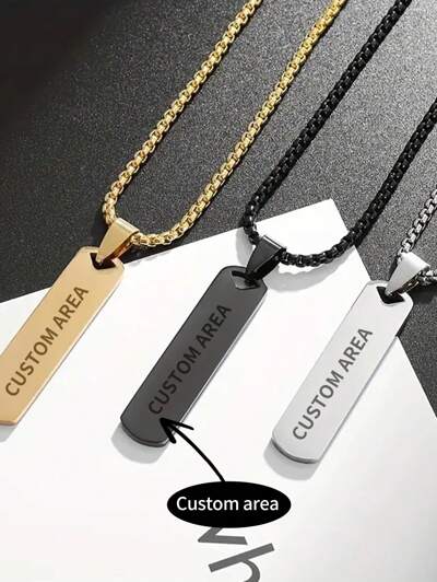 Simple Stainless Steel Glossy Engraved Rectangular Pendant Necklace (MJ112)