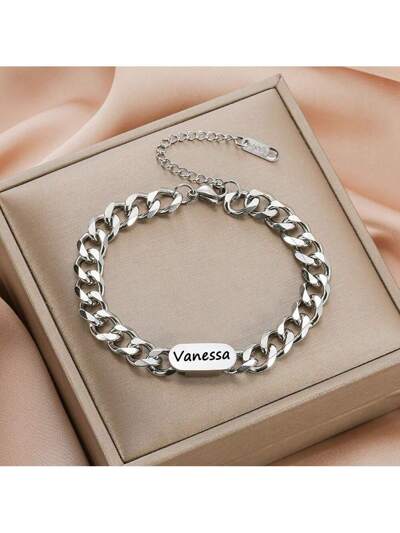 Custom Name Bracelets For Men And Women Classic Stainless Steel Square Thick Chain Bracelet Customized Engraved Names (MJ113)