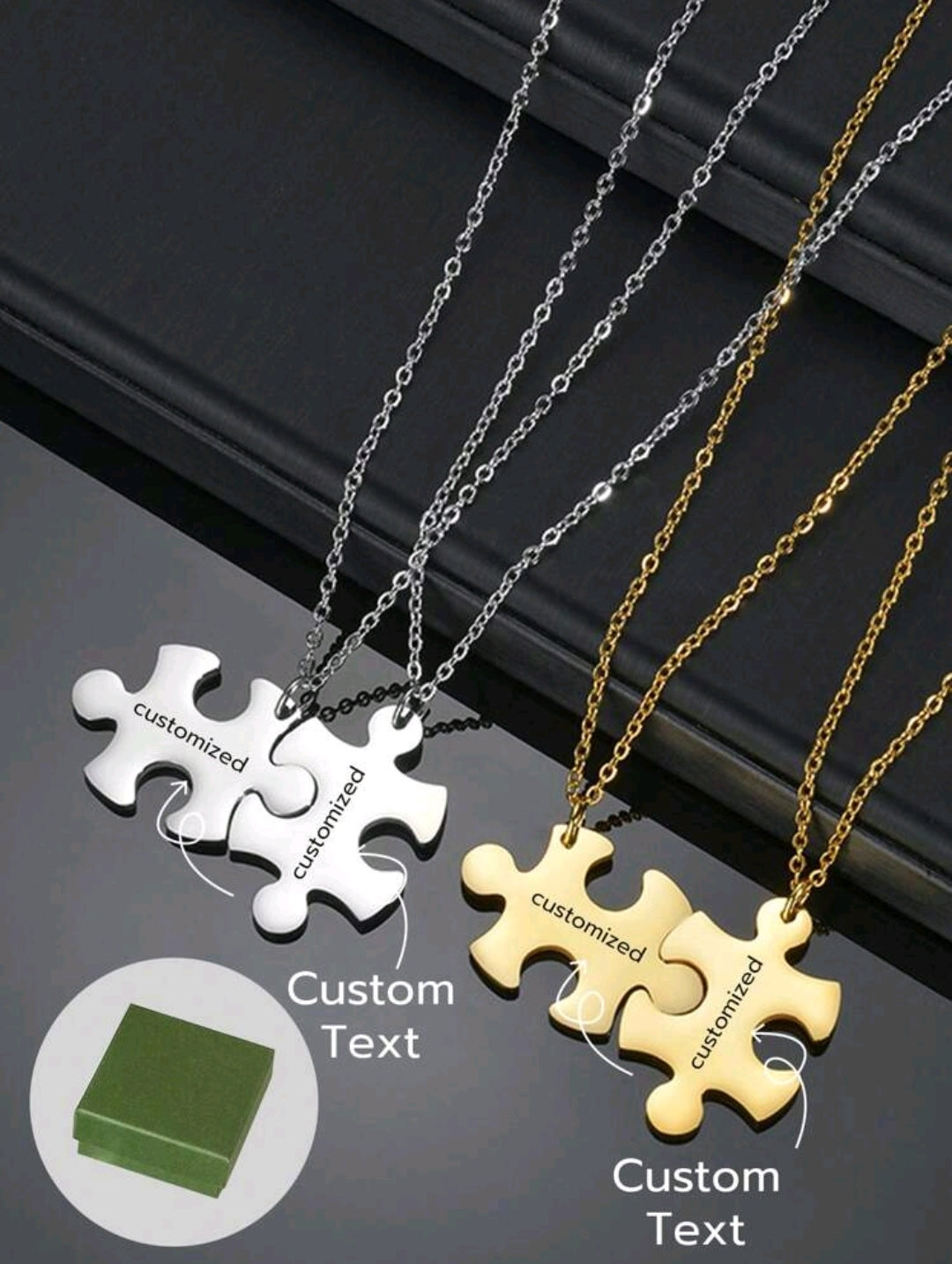2pcs Stainless Steel Couple Personalized Laser Engraved Name Puzzle Necklace, Electroplated 18k Gold Stainless Steel[MJ017].