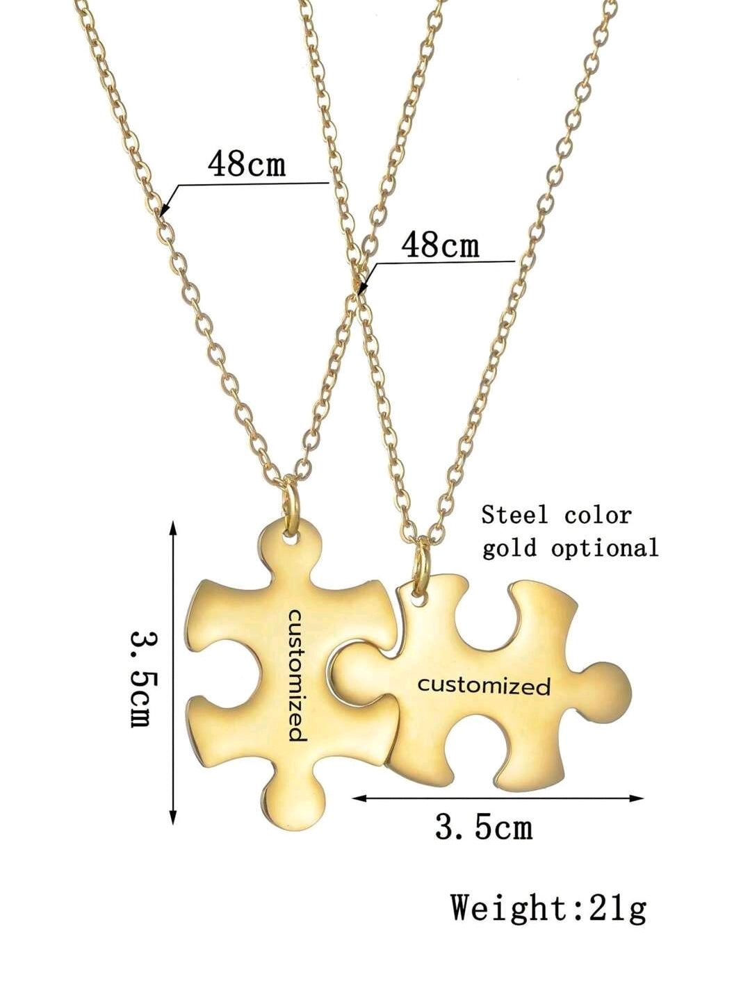 2pcs Stainless Steel Couple Personalized Laser Engraved Name Puzzle Necklace, Electroplated 18k Gold Stainless Steel[MJ017].