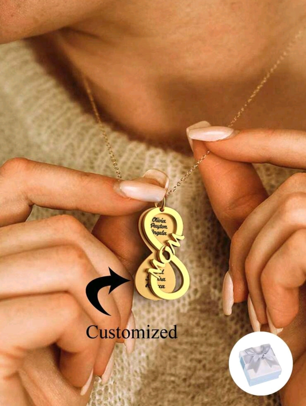 Engraved Infinity MOM necklace,up to 6 names. 18k Gold-Plated Stainless Steel.[MJ025]