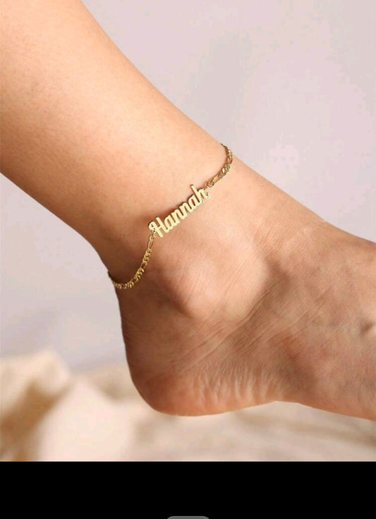 Personalized Name anklet ,Figaro chain link. 18k Gold-Plated Stainless Steel.[MJ031]
