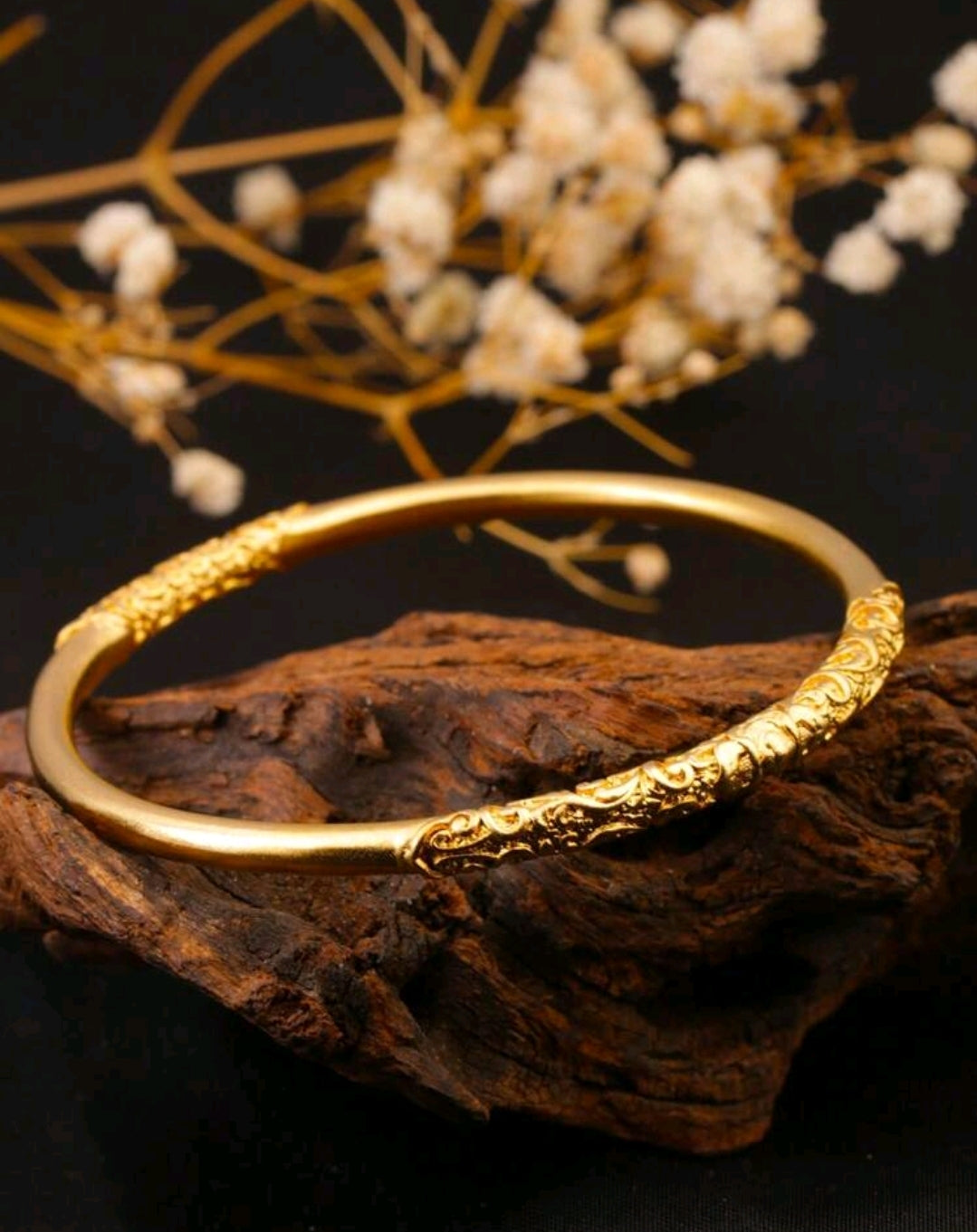 1pc Vintage 18K Gold Plated Copper Carved Flower Pattern Bangle Bracelet