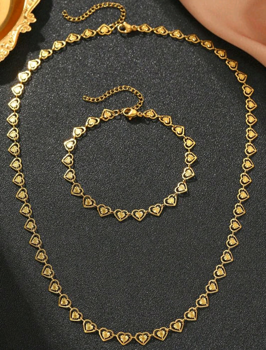 2pcs/Set Stainless Steel Heart Shaped Bracelet And Necklace Set