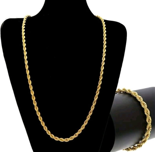2pcs Twist Chain Necklace 18 inches & Bracelet Set, Gold-Plated 4mm Thick Rope Chain Jewelry Set