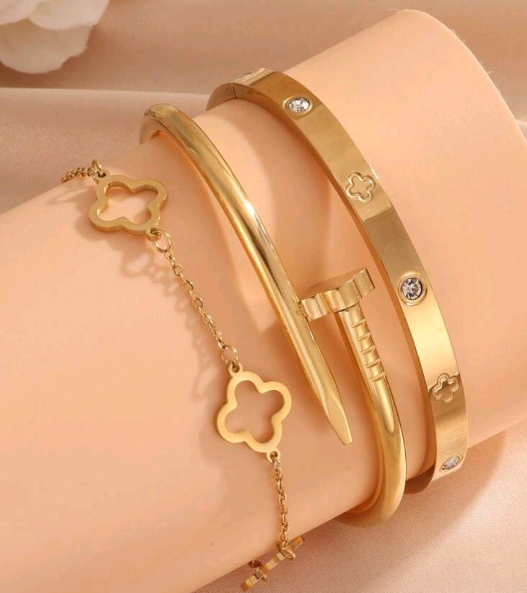 3pcs/Set Stainless Steel, Golden Nail & Clover Bracelet & Clover Band Set,