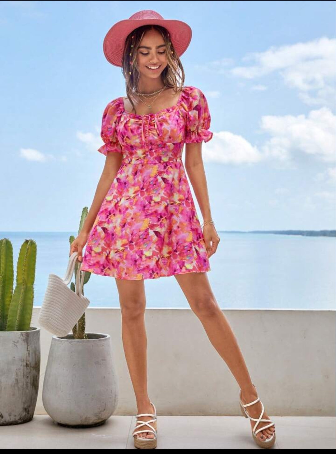 Allover Floral Print Drawstring Front Puff Sleeve Dress