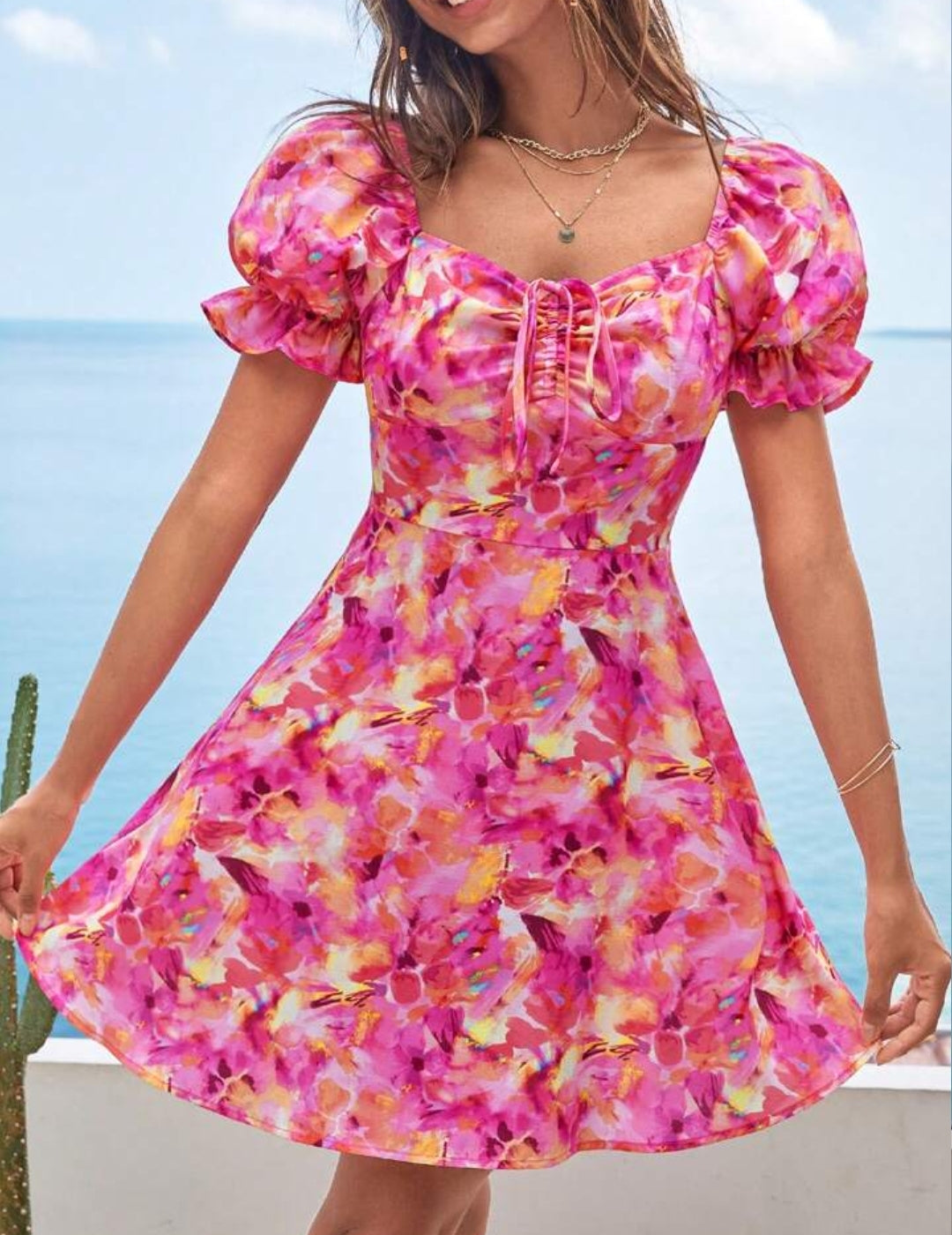 Allover Floral Print Drawstring Front Puff Sleeve Dress