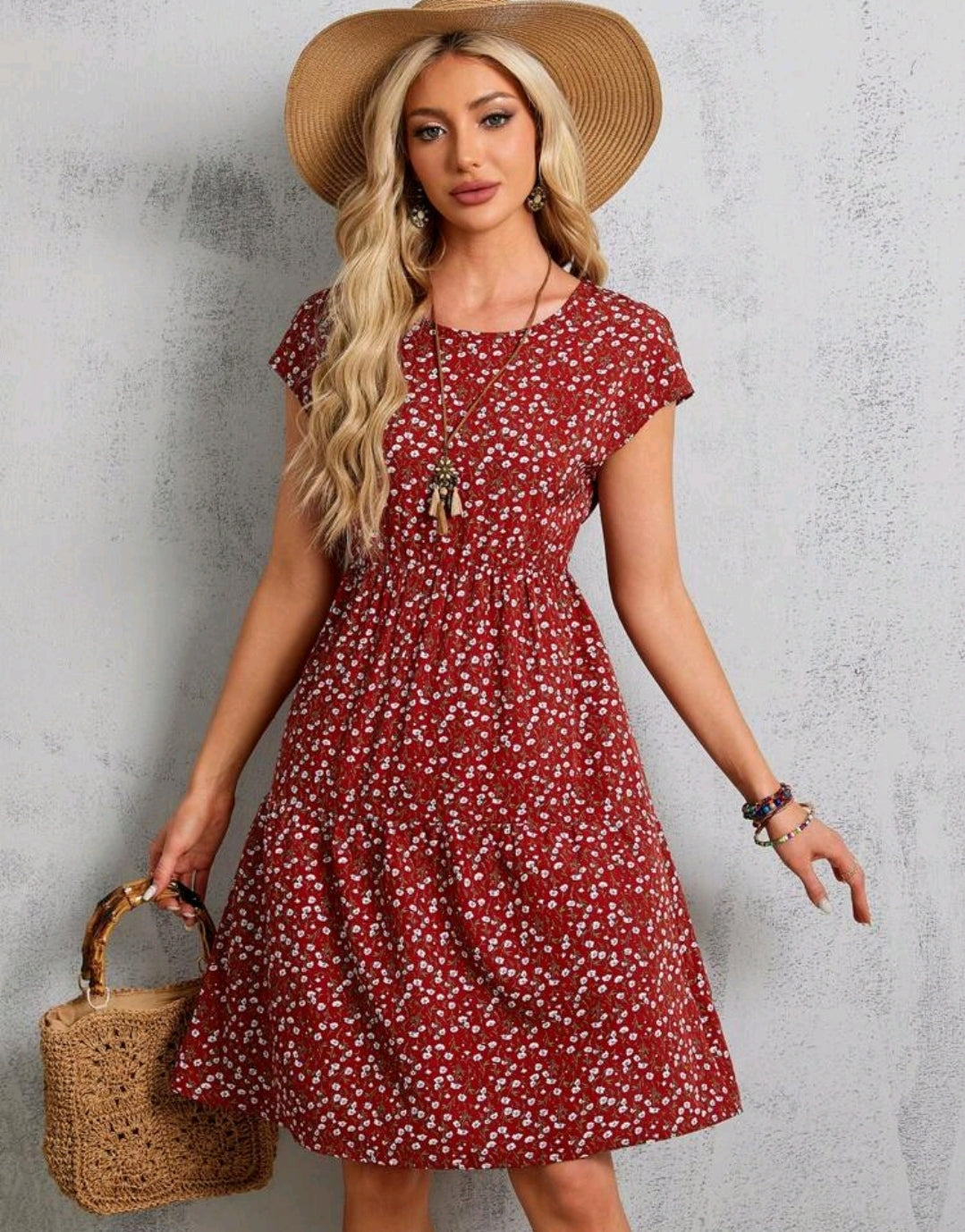 Red Short-Sleeve Batwing Sleeve Floral Midi Dress