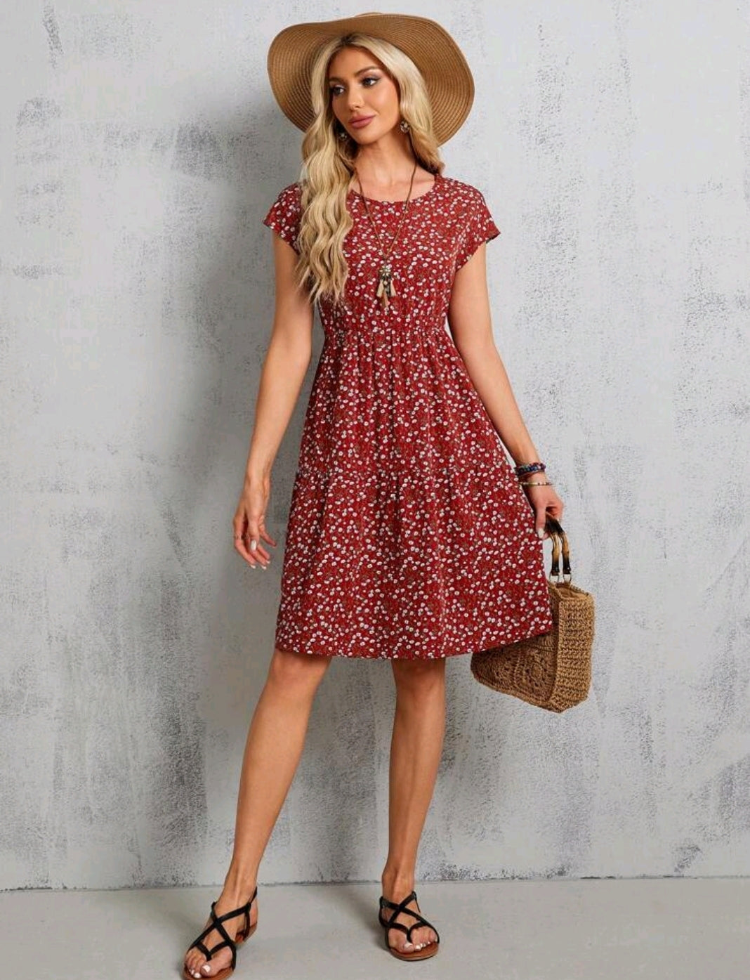 Red Short-Sleeve Batwing Sleeve Floral Midi Dress