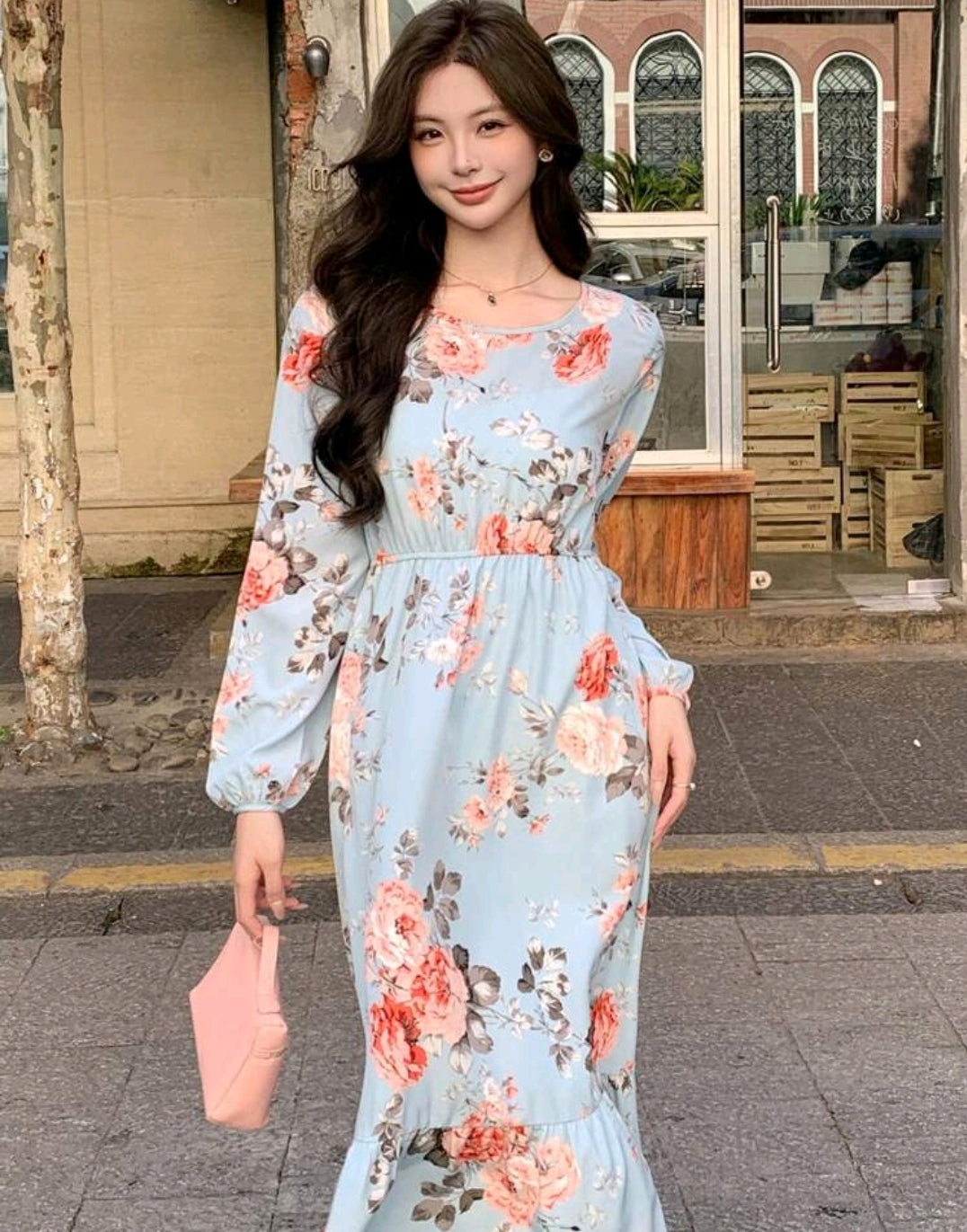 Long Sleeve Round Neck Chiffon Floral Print Dress,Ruffle