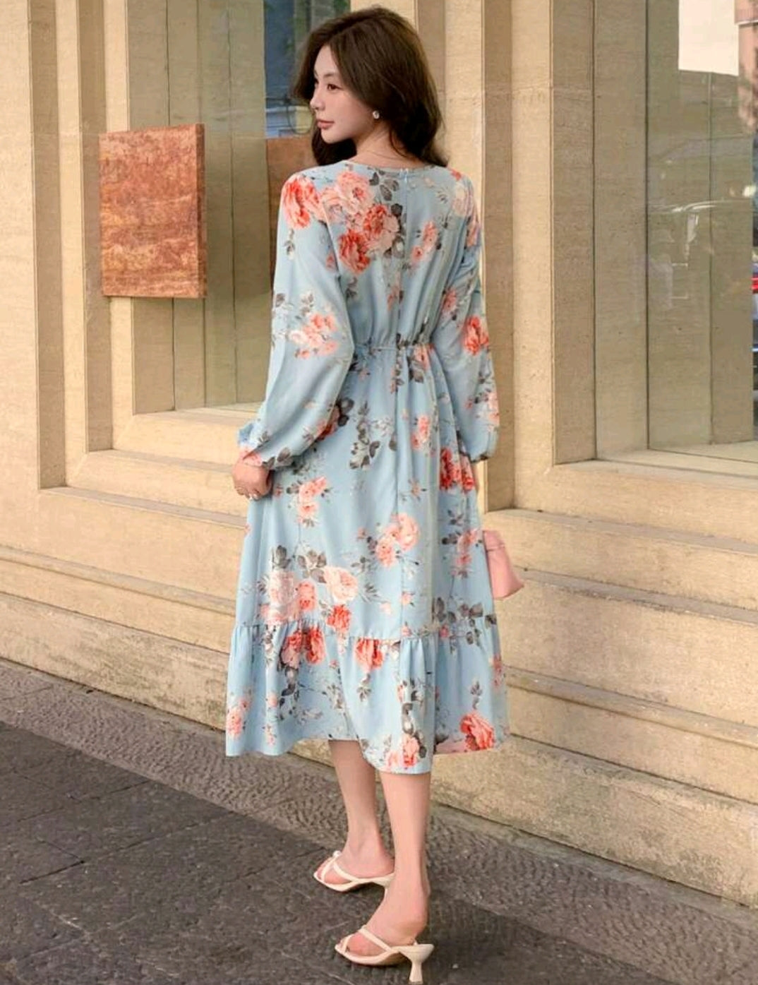 Long Sleeve Round Neck Chiffon Floral Print Dress,Ruffle