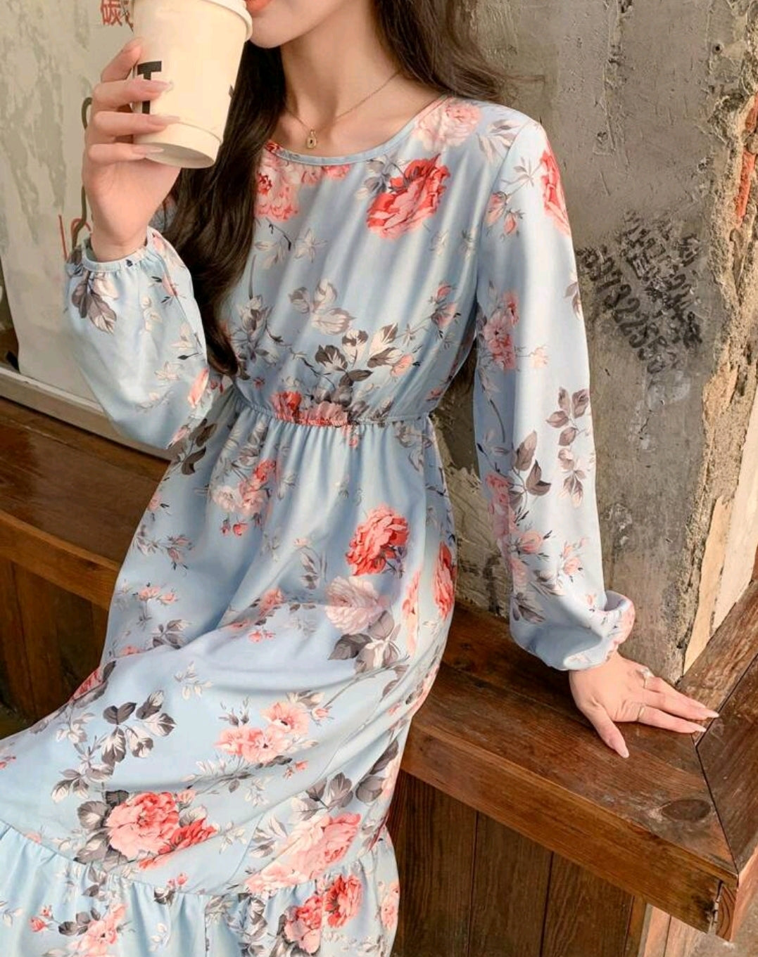 Long Sleeve Round Neck Chiffon Floral Print Dress,Ruffle