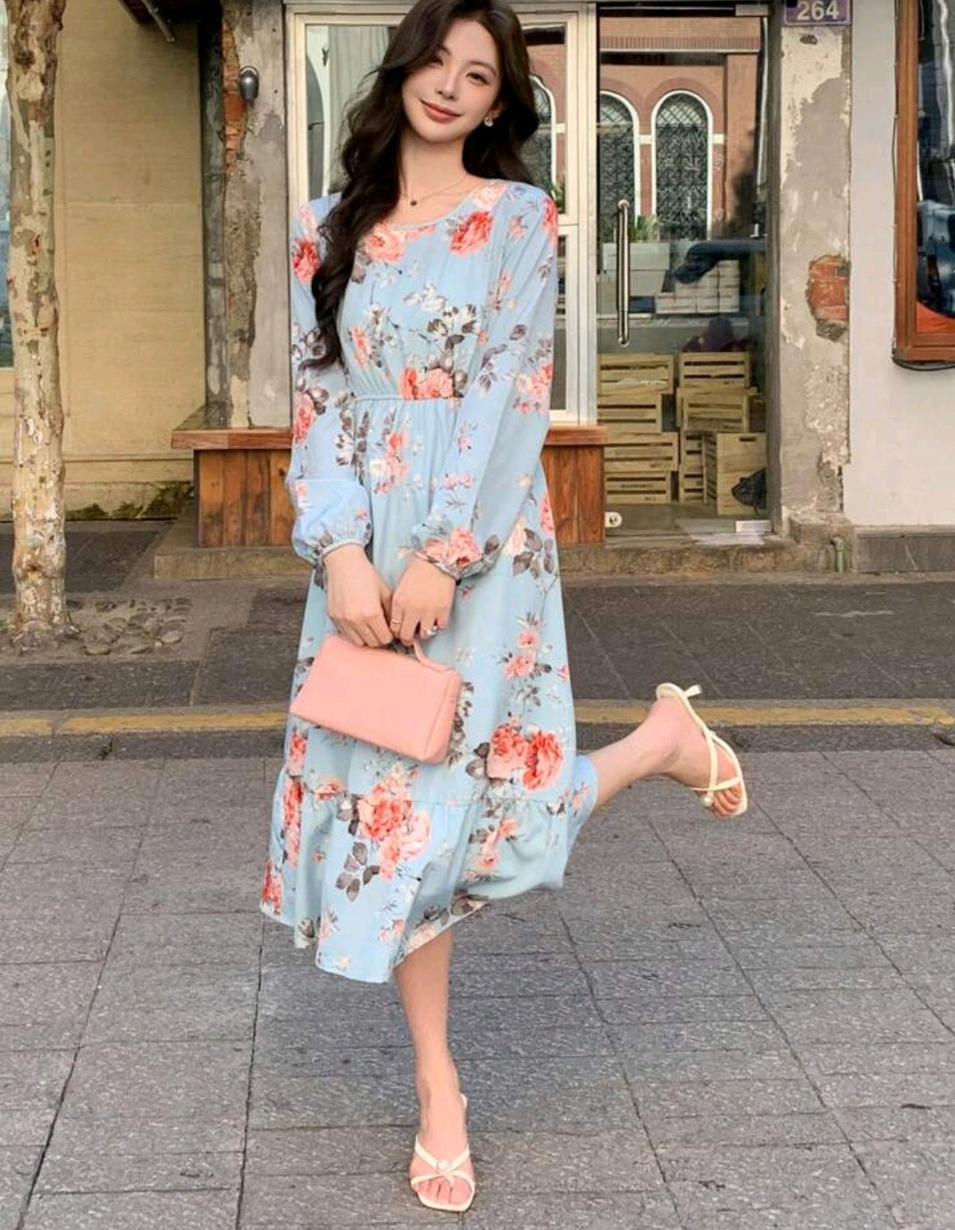 Long Sleeve Round Neck Chiffon Floral Print Dress,Ruffle