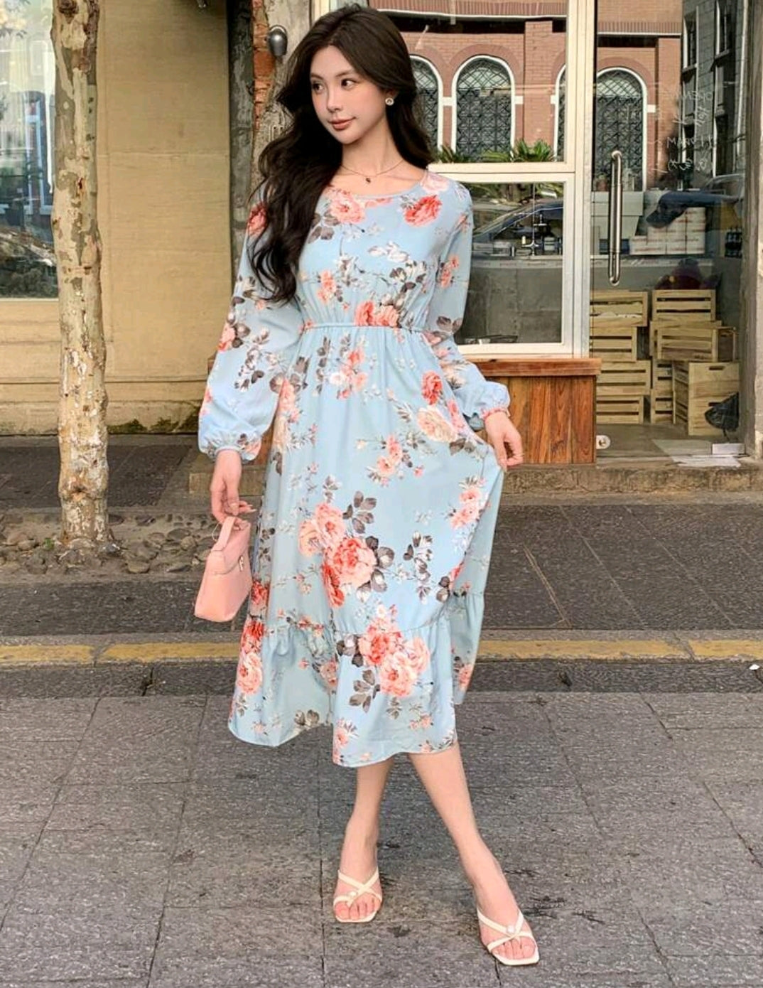 Long Sleeve Round Neck Chiffon Floral Print Dress,Ruffle