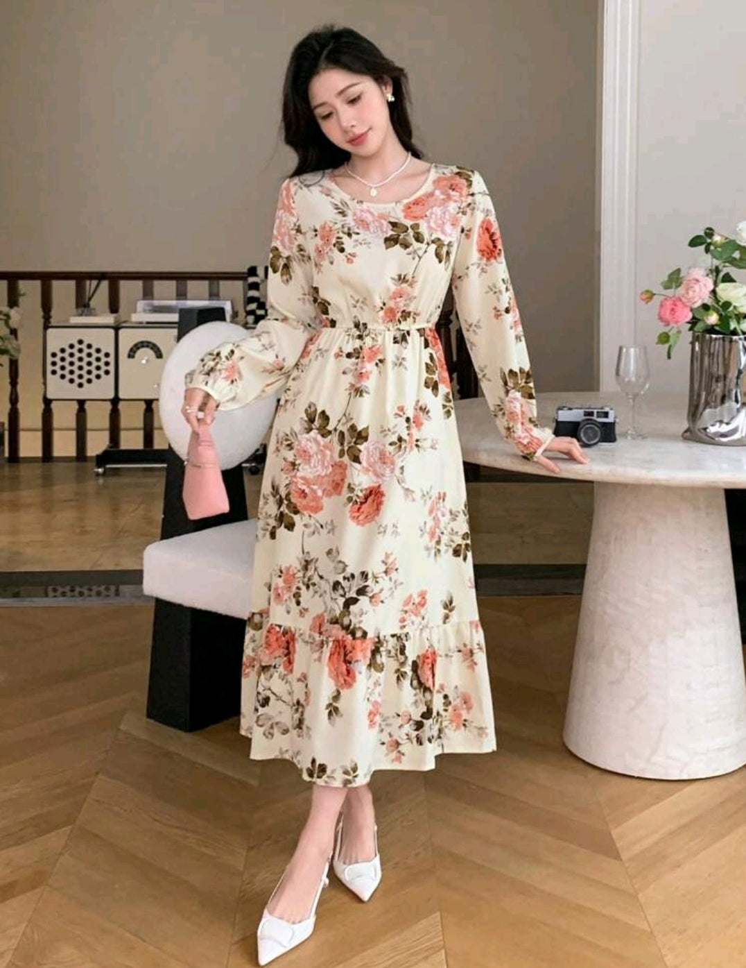 Long Sleeve Round Neck Chiffon Floral Print Dress,Ruffle