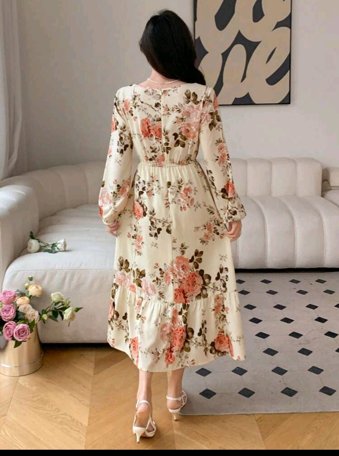Long Sleeve Round Neck Chiffon Floral Print Dress,Ruffle