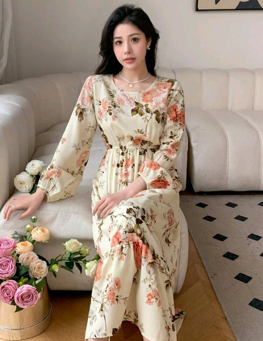 Long Sleeve Round Neck Chiffon Floral Print Dress,Ruffle
