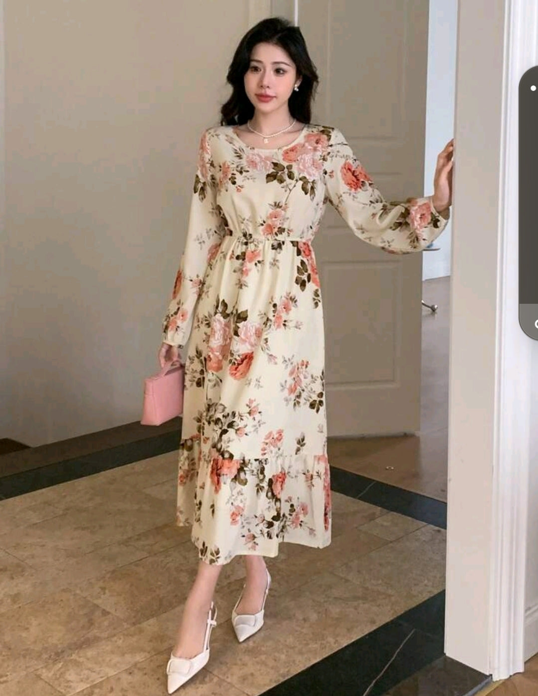 Long Sleeve Round Neck Chiffon Floral Print Dress,Ruffle