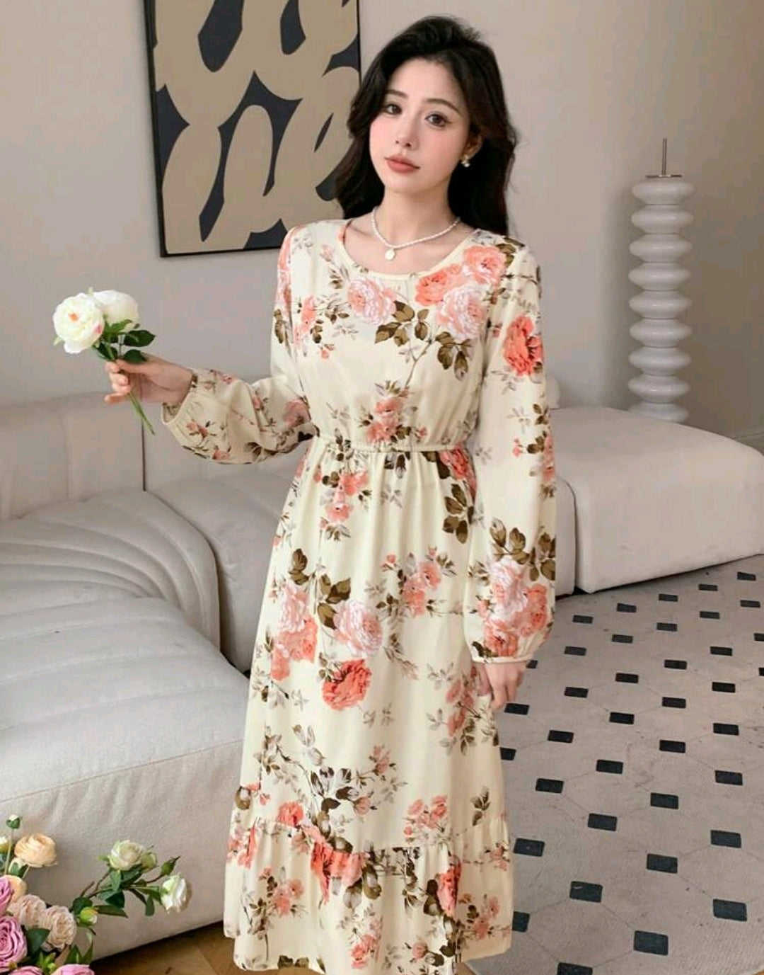 Long Sleeve Round Neck Chiffon Floral Print Dress,Ruffle