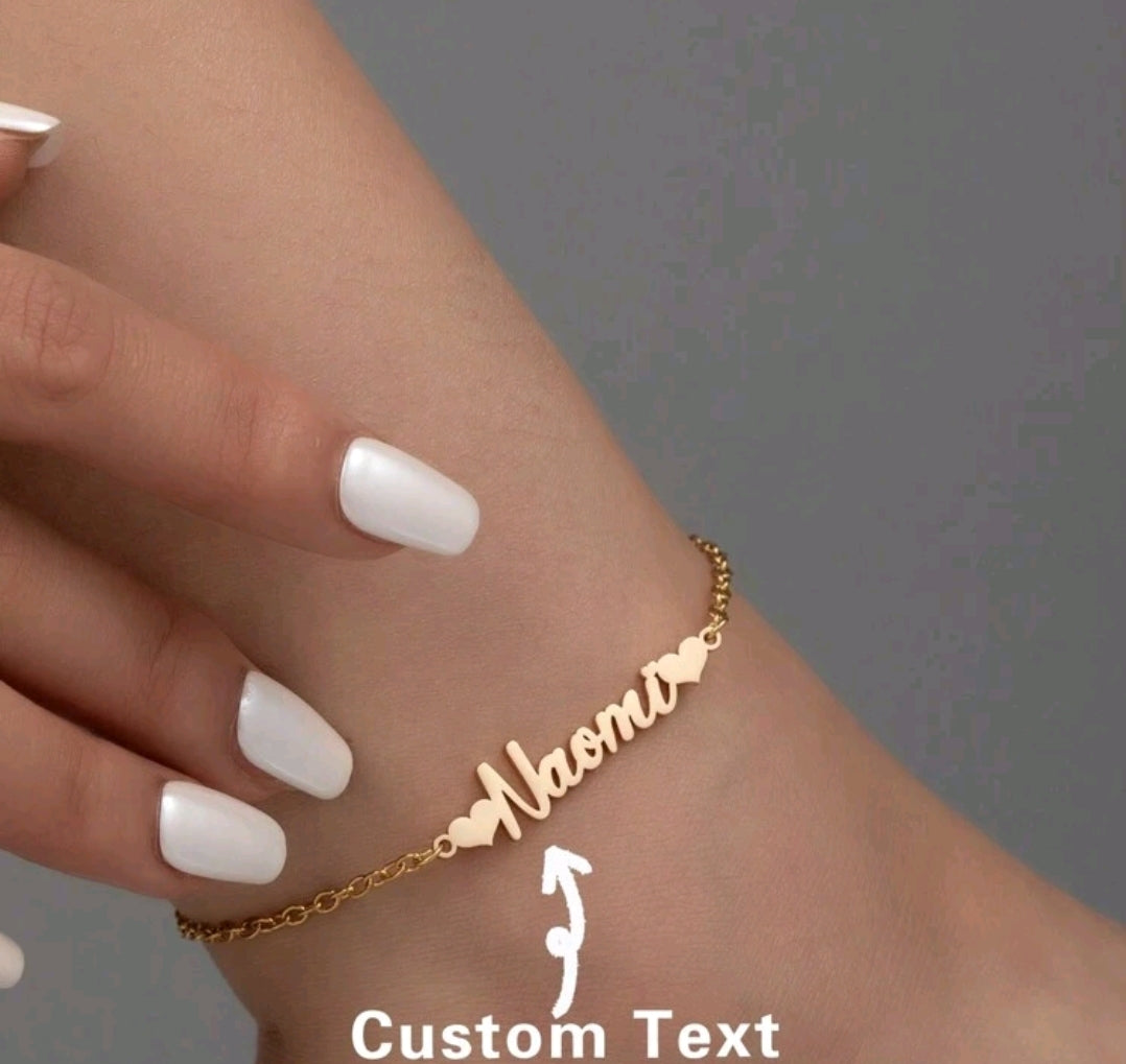 Personalized Minimalist, Stainless Steel, Heart Shaped Custom Name Anklet, 18k Gold Plated.MJ062]