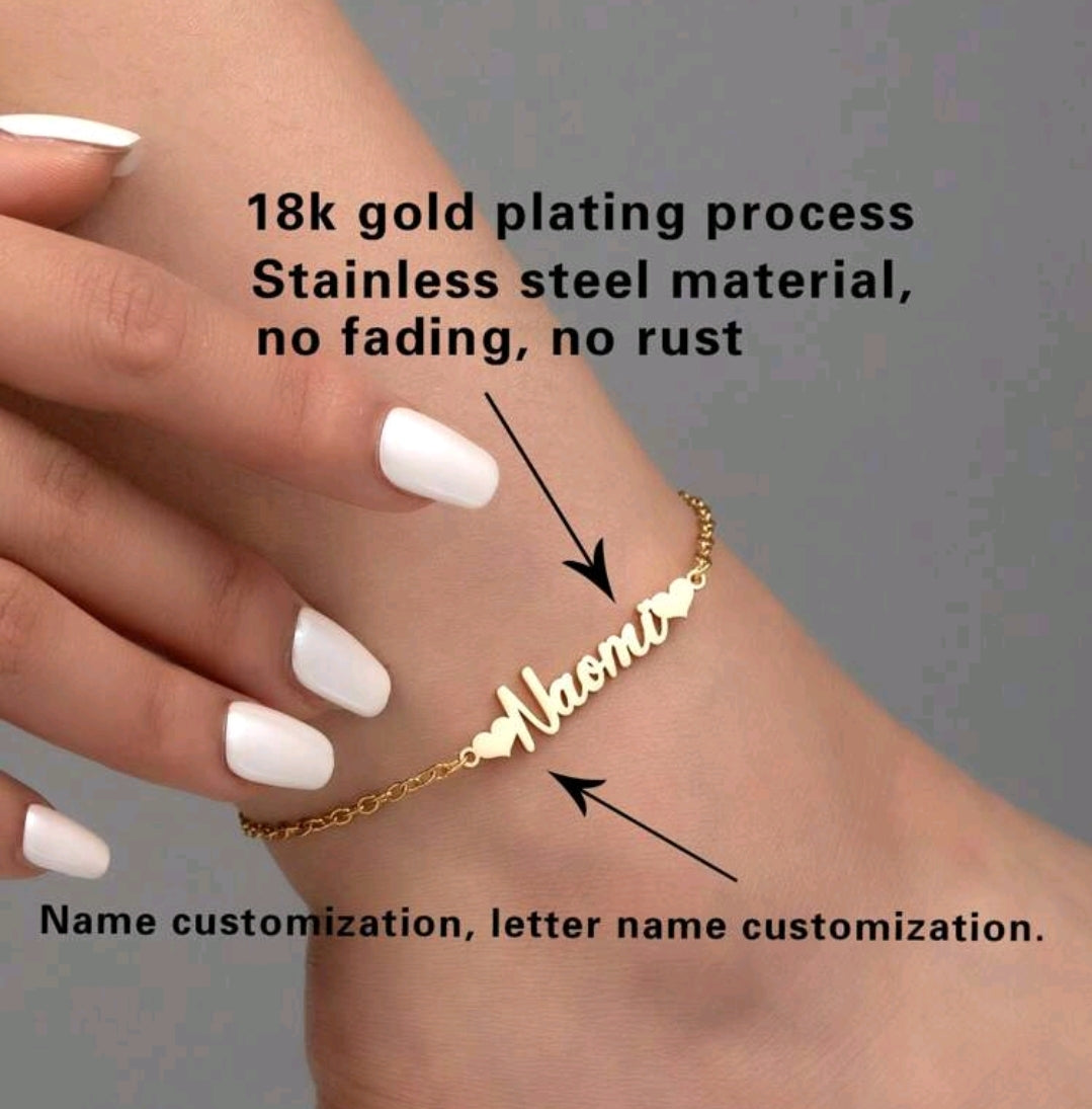 Personalized Minimalist, Stainless Steel, Heart Shaped Custom Name Anklet, 18k Gold Plated.MJ062]