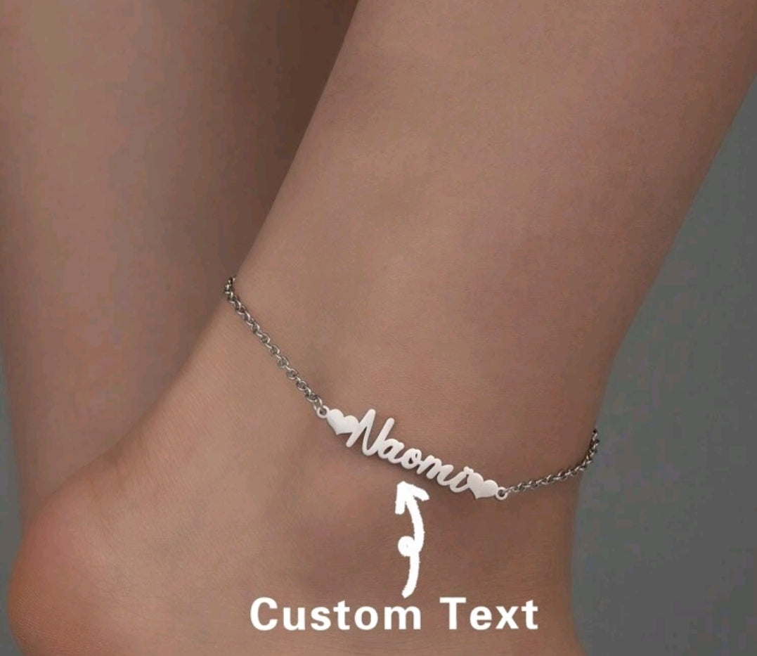Personalized Minimalist, Stainless Steel, Heart Shaped Custom Name Anklet, 18k Gold Plated.MJ062]