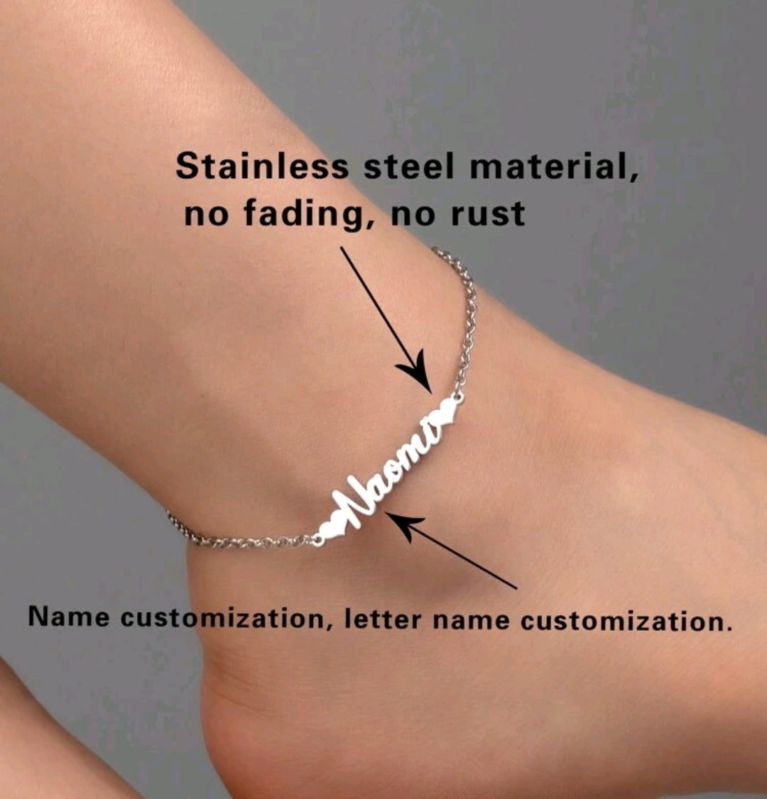 Personalized Minimalist, Stainless Steel, Heart Shaped Custom Name Anklet, 18k Gold Plated.MJ062]