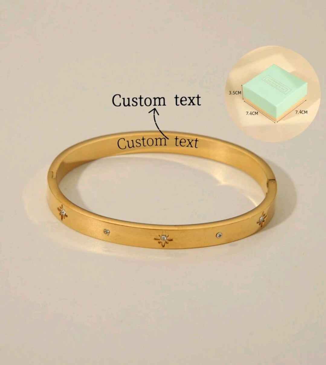 18K Stainless Steel Sunstar Cubic Zirconia  Custom Name Engraved Wide Bangle Bracelet.(10 characters max).[MJ064]