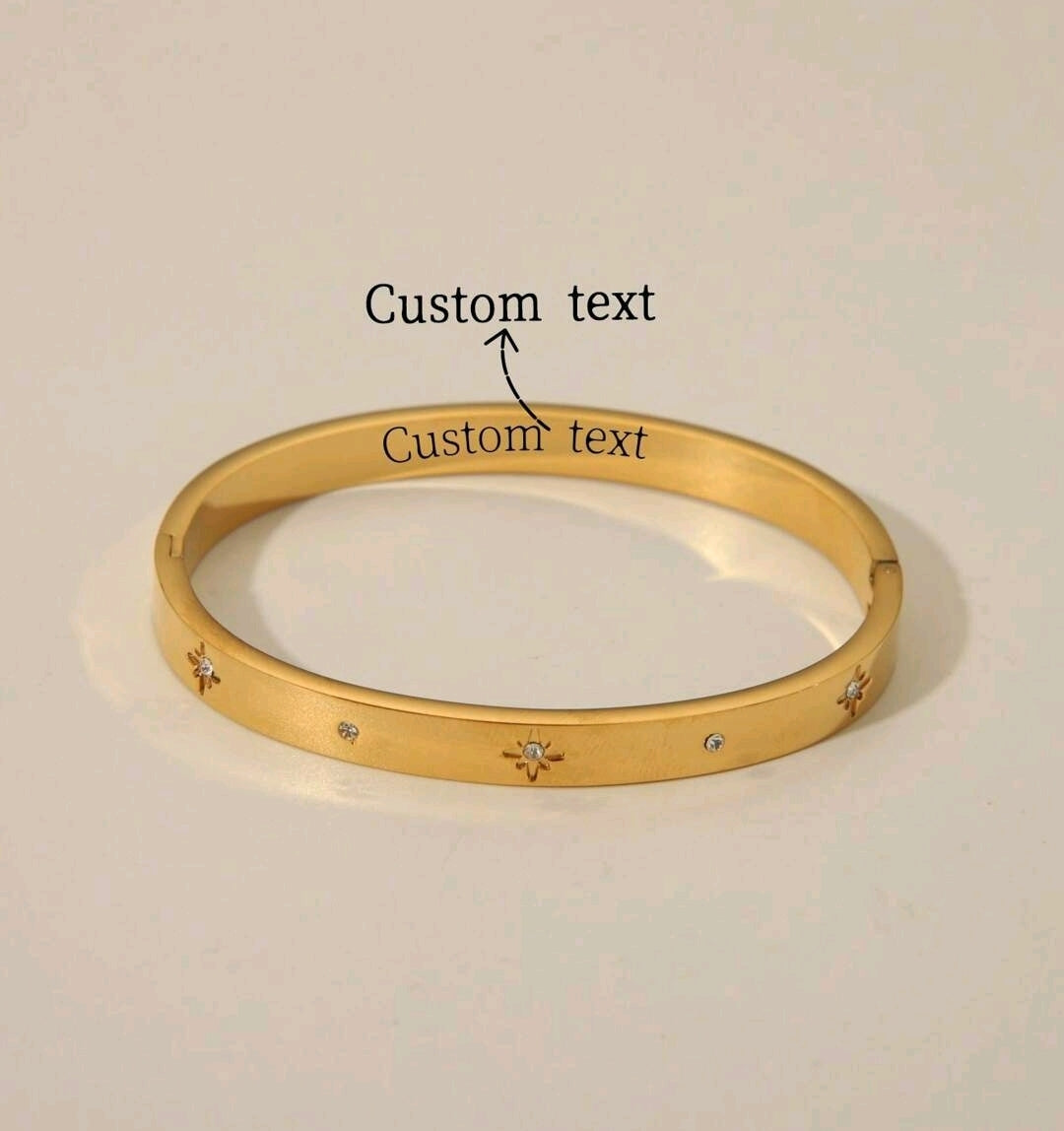 18K Stainless Steel Sunstar Cubic Zirconia  Custom Name Engraved Wide Bangle Bracelet.(10 characters max).[MJ064]