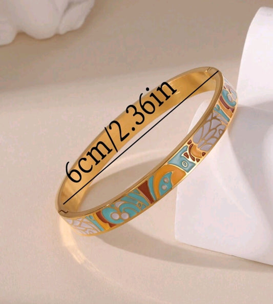 Vintage 18K Stainless Steel Wide Bangle Bracelet With Colorful Enamel Floral Engraved Design(15 character max)[MJ068]