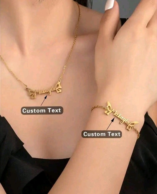 2pcs Personalized Stainless Steel Butterfly Necklace And Bracelet With Custom Name[MJ074]