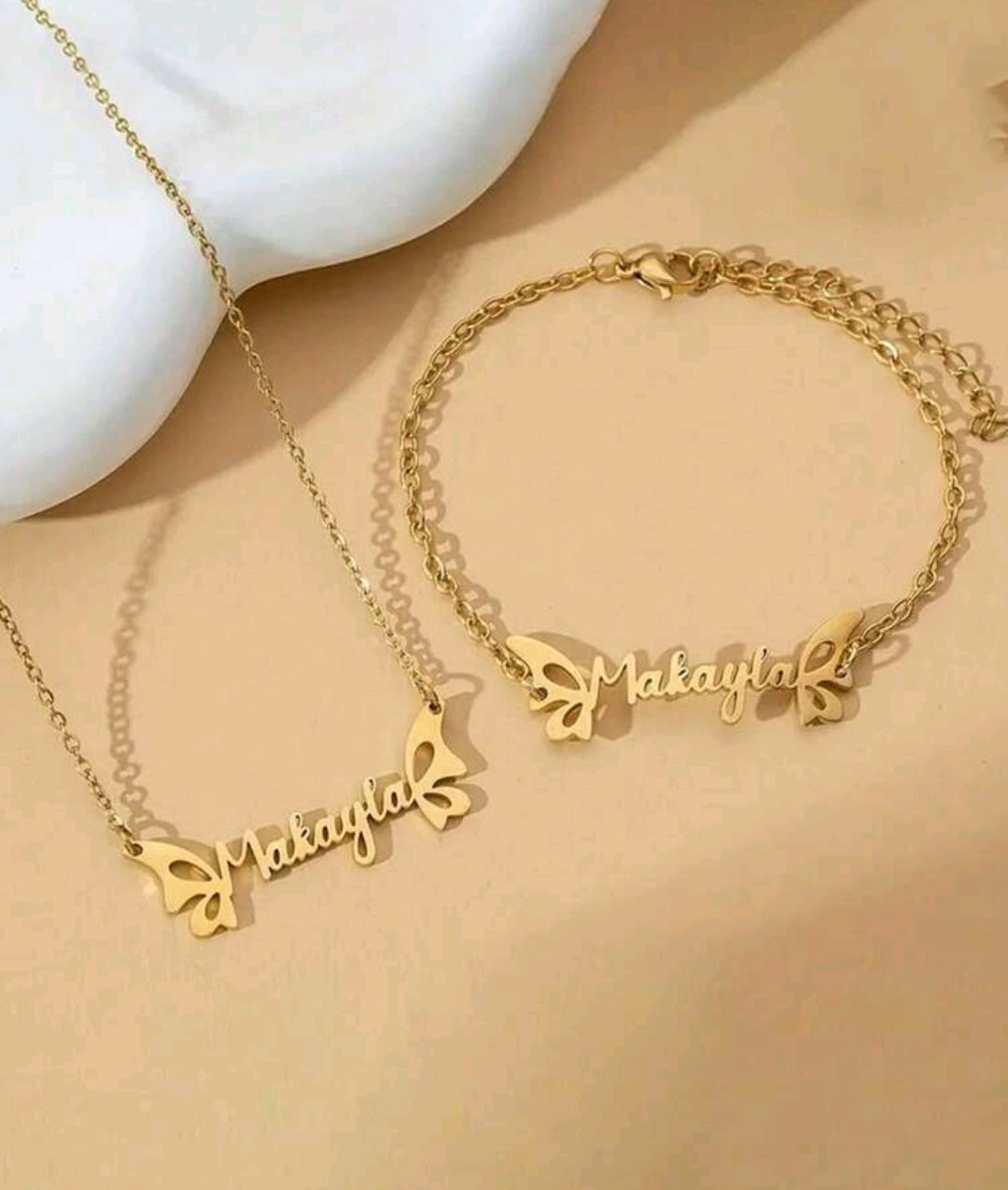 2pcs Personalized Stainless Steel Butterfly Necklace And Bracelet With Custom Name[MJ074]